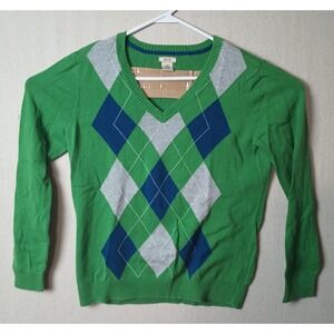 IZOD Argyle Sweater V-Neck Long Sleeve Cotton Blend Green Blue Gray‎ Sz Large GG